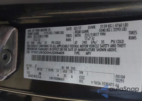 2017 Ford Escape Se z USA, uszkodzony, nr VIN 1FMCU9GD0HUD06405